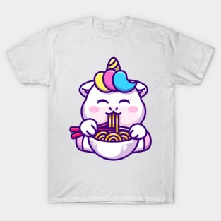 Cute unicorn eating ramen with chopstick cartoon T-Shirt